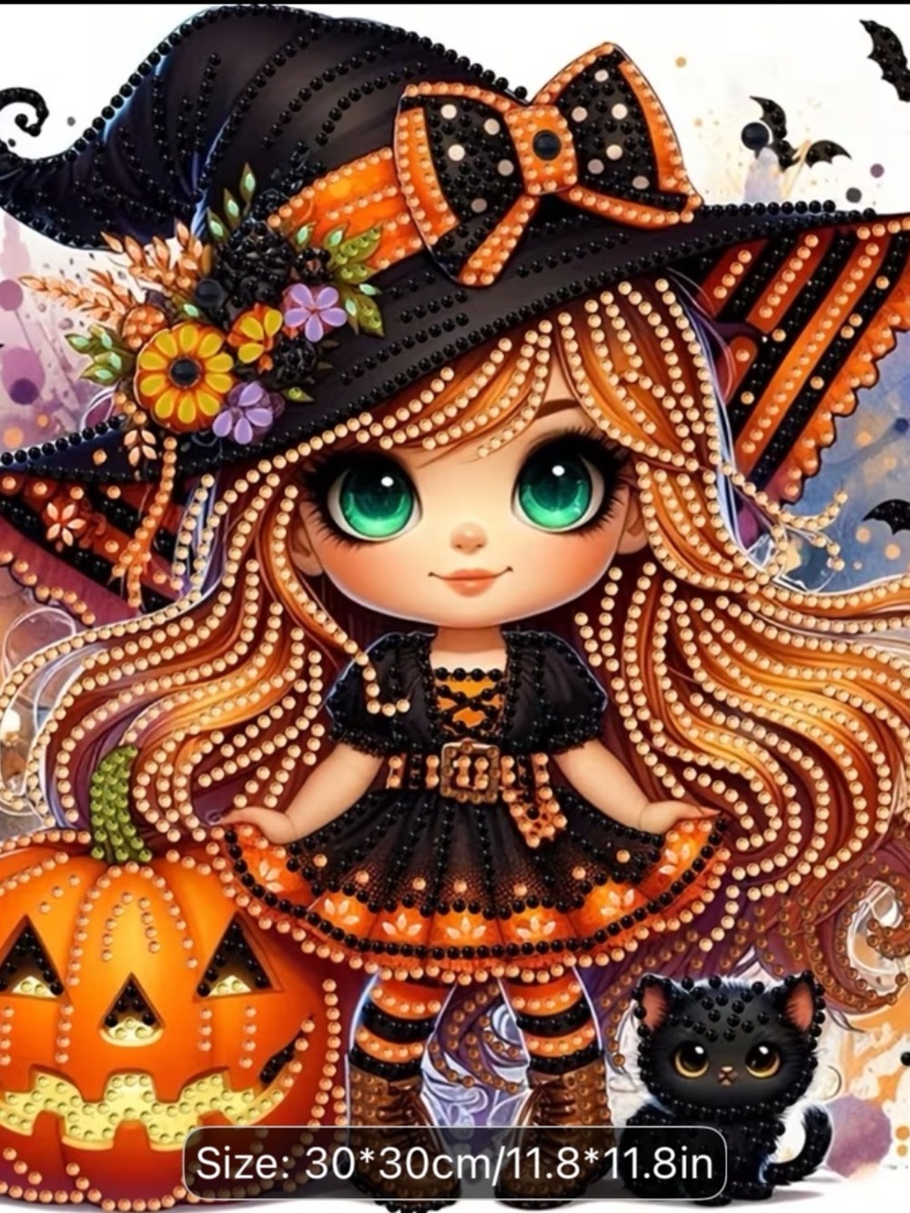 Whimsical Halloween Witch Girl Diamond Painting Kit Unfinished - Black & Orange